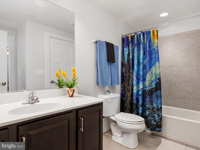 full bathroom with toilet, shower / bath combo, vanity, and tile patterned floors