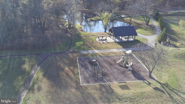 bird's eye view with a water view