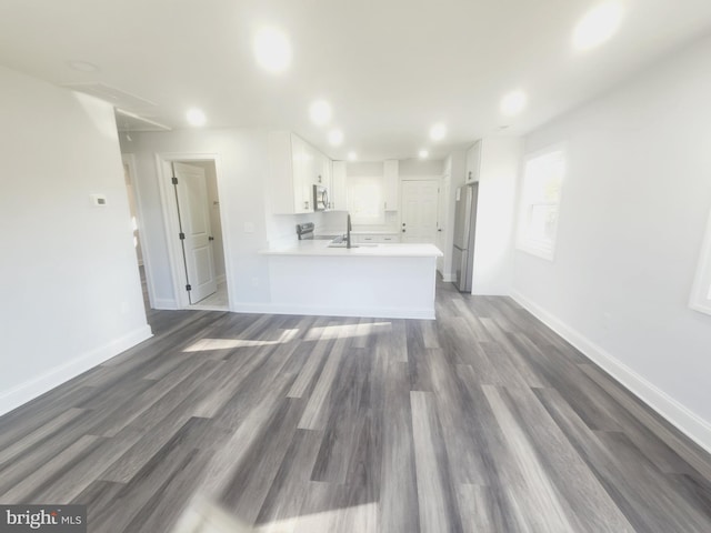 unfurnished living room with sink and dark wood-type flooring