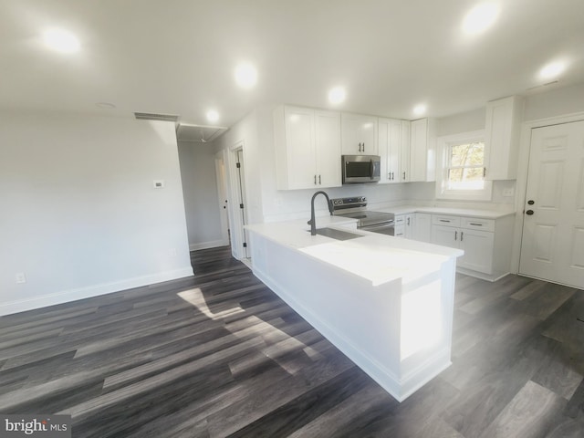 kitchen with kitchen peninsula, dark hardwood / wood-style flooring, stainless steel appliances, sink, and white cabinets