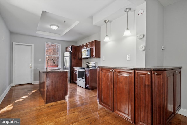 kitchen with appliances with stainless steel finishes, dark hardwood / wood-style flooring, hanging light fixtures, sink, and a center island