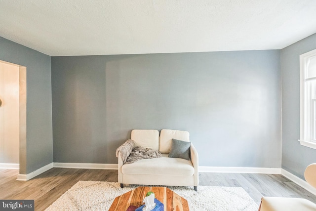 living area featuring a textured ceiling and light hardwood / wood-style flooring