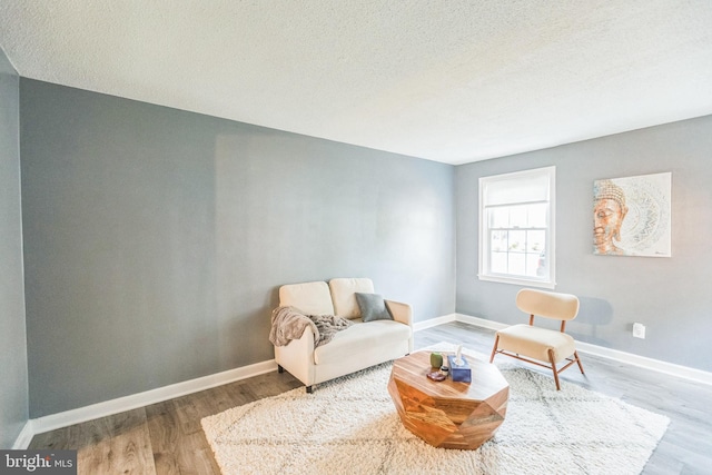 living area with wood-type flooring and a textured ceiling