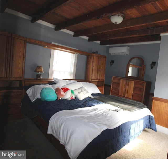 bedroom featuring beamed ceiling, a wall mounted AC, wooden ceiling, and wood walls