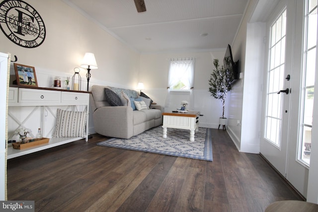 living room featuring dark wood-type flooring