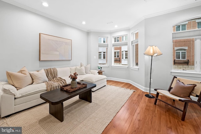 living room with light wood-type flooring and crown molding