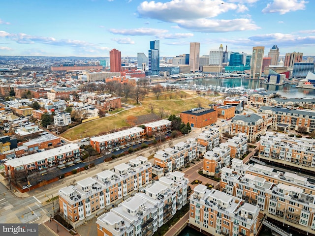 drone / aerial view featuring a water view