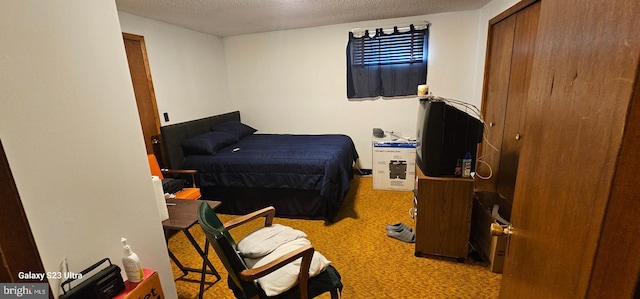 carpeted bedroom with a textured ceiling