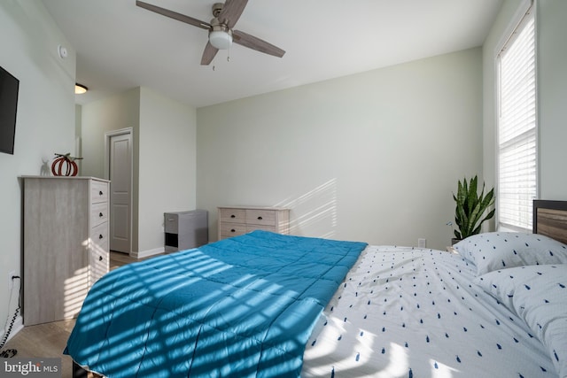 bedroom with multiple windows, ceiling fan, and hardwood / wood-style floors