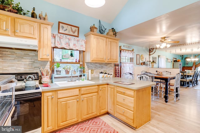 kitchen featuring white electric range oven, sink, light brown cabinetry, backsplash, and light hardwood / wood-style flooring