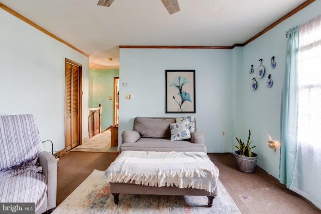 bedroom with ceiling fan, carpet flooring, a closet, and crown molding