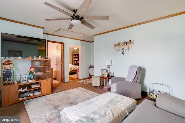 living room featuring ornamental molding, carpet, and ceiling fan