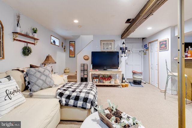 living room with light colored carpet