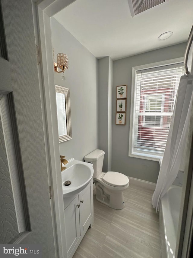 bathroom with vanity, toilet, and wood-type flooring