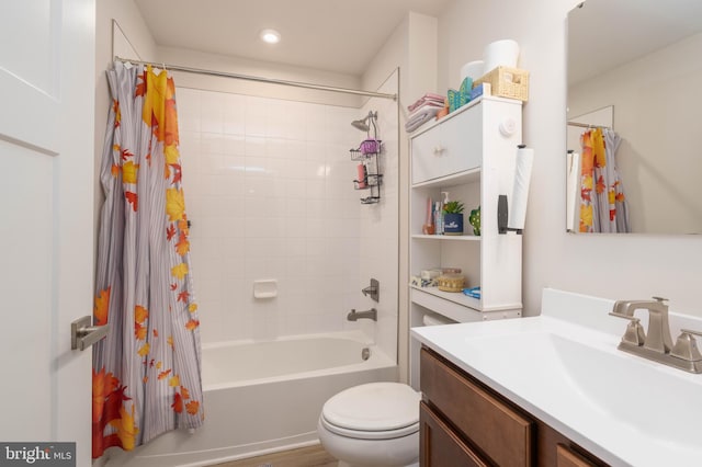 full bathroom with shower / bath combination with curtain, vanity, toilet, and wood-type flooring