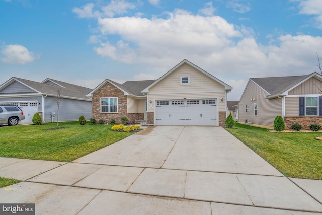 view of front of home with a garage and a front lawn