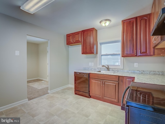 kitchen with black dishwasher, range, sink, light stone countertops, and extractor fan