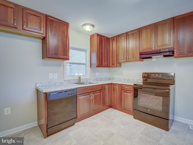 kitchen with range with electric stovetop, light stone countertops, sink, and black dishwasher