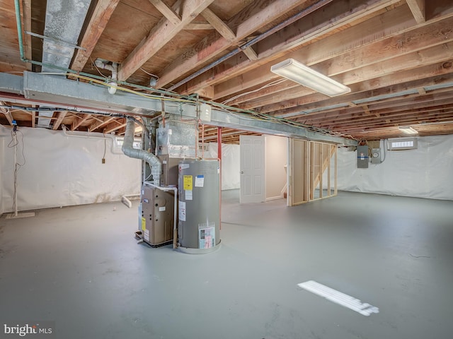 basement with electric water heater, heating unit, and electric panel