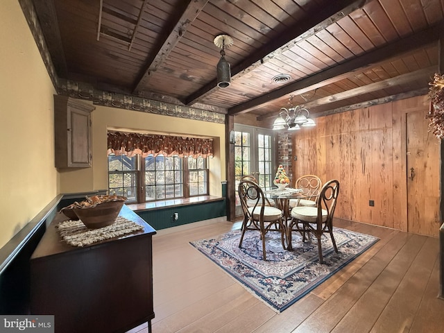 dining space with wooden ceiling, hardwood / wood-style flooring, plenty of natural light, and wooden walls