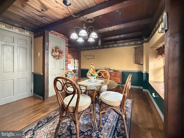 dining room with dark wood-type flooring, beamed ceiling, wooden ceiling, and an inviting chandelier