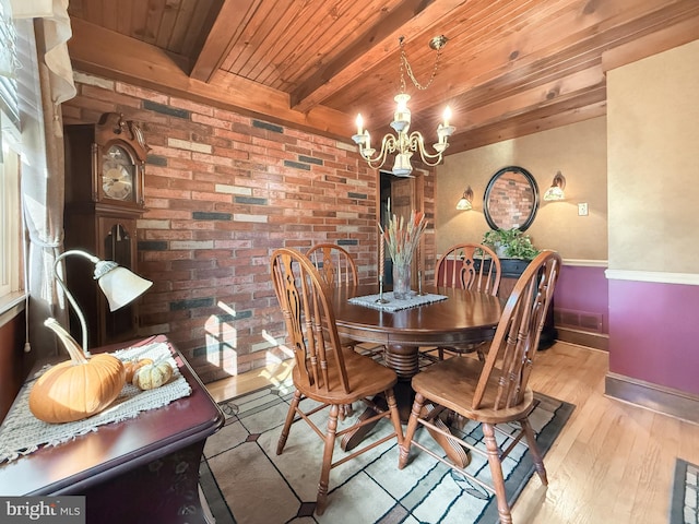 dining room with beamed ceiling, brick wall, wood ceiling, a notable chandelier, and light wood-type flooring