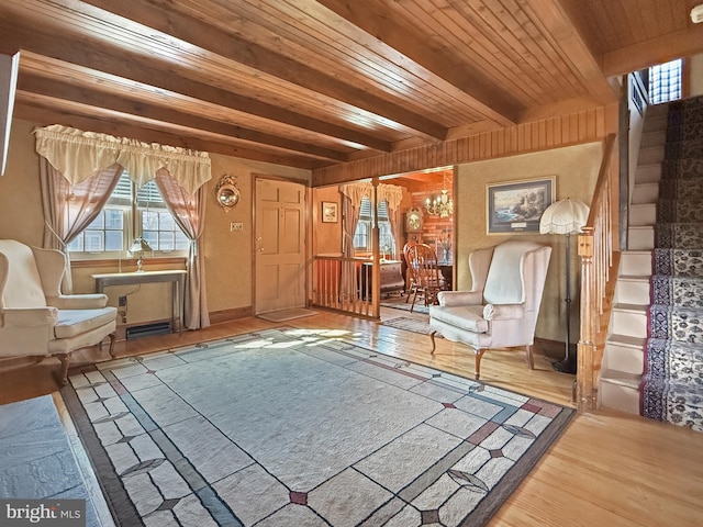 unfurnished room with beamed ceiling, hardwood / wood-style floors, and wooden ceiling