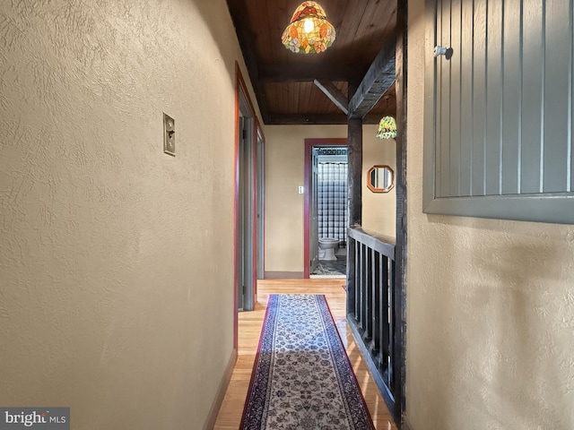 hall featuring wood ceiling and light hardwood / wood-style flooring