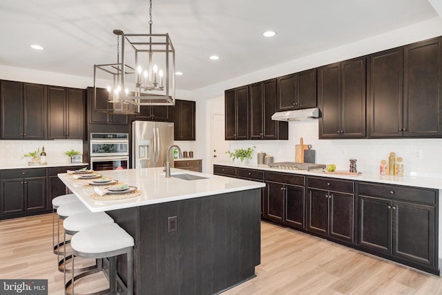 kitchen with stainless steel appliances, under cabinet range hood, a sink, light countertops, and decorative backsplash