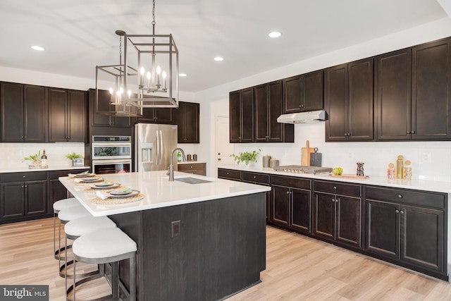 kitchen featuring stainless steel appliances, light hardwood / wood-style floors, dark brown cabinetry, sink, and an island with sink