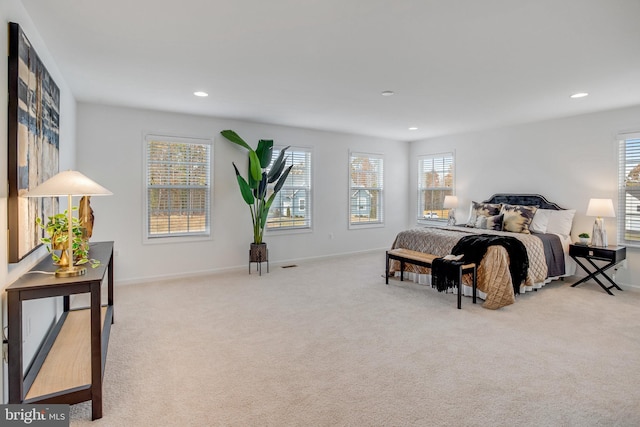 bedroom featuring multiple windows and light carpet