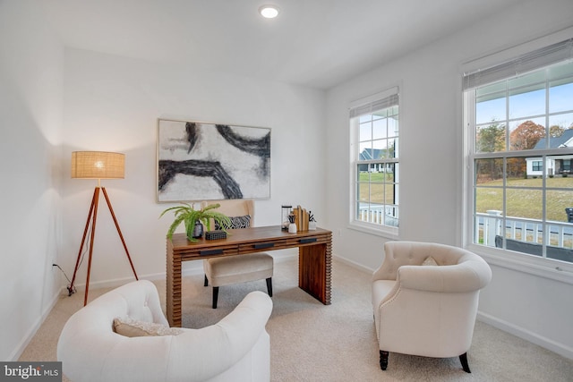 carpeted office space featuring baseboards and recessed lighting