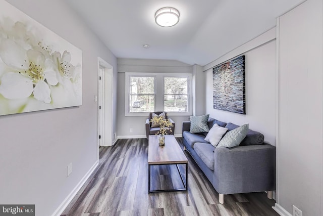 living room with dark hardwood / wood-style floors and vaulted ceiling