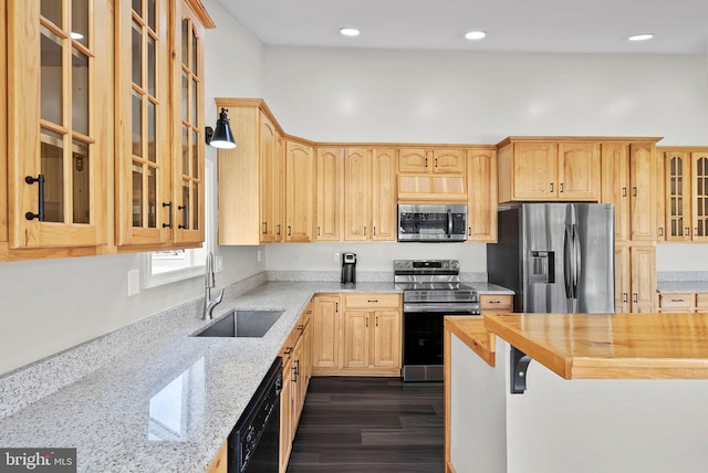 kitchen featuring pendant lighting, wood counters, sink, dark hardwood / wood-style floors, and appliances with stainless steel finishes