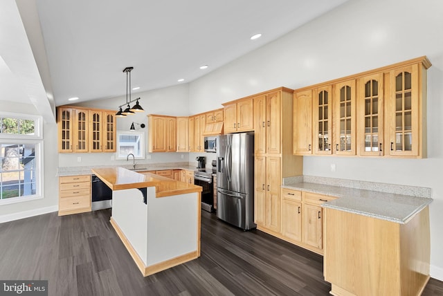 kitchen featuring a center island, sink, hanging light fixtures, dark hardwood / wood-style flooring, and stainless steel appliances