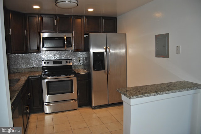 kitchen featuring appliances with stainless steel finishes, tasteful backsplash, dark brown cabinets, light tile patterned floors, and electric panel