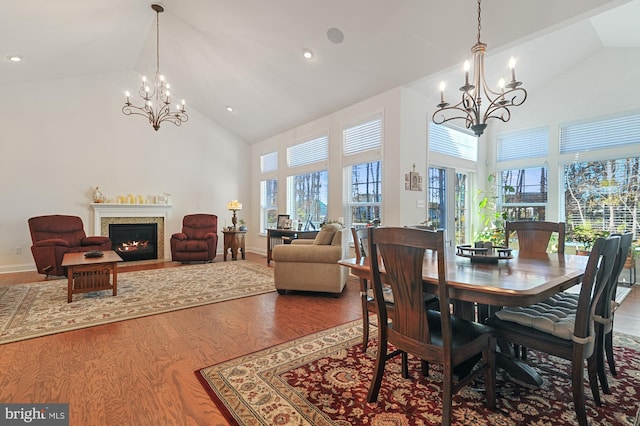30773 Fowlers Path, Millsboro, DE 19966 - dining area featuring a chandelier, high vaulted ceiling, wood finished floors, a fireplace with flush hearth, and baseboards