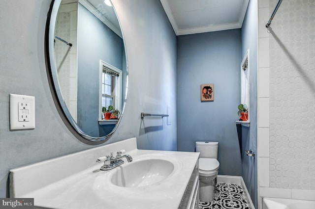 full bathroom with toilet, tile patterned floors, tiled shower / bath combo, vanity, and crown molding