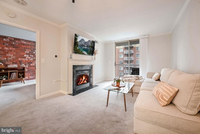 living room featuring light colored carpet, ornamental molding, and a premium fireplace