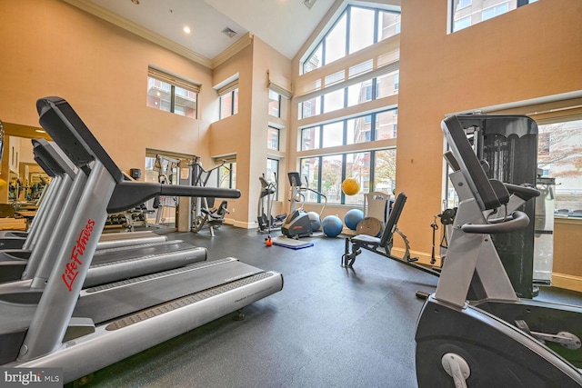 gym featuring crown molding and a high ceiling