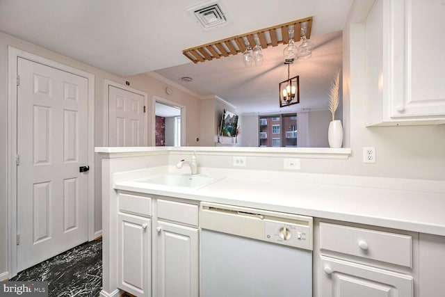 kitchen with sink, dishwasher, hanging light fixtures, white cabinets, and ornamental molding