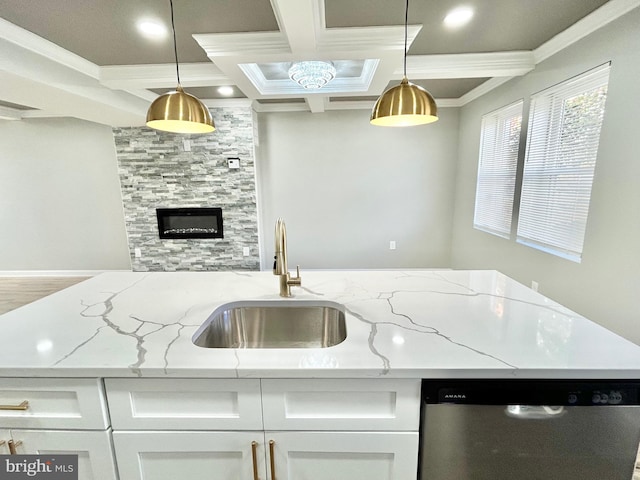 kitchen featuring white cabinets, crown molding, sink, stainless steel dishwasher, and light stone countertops