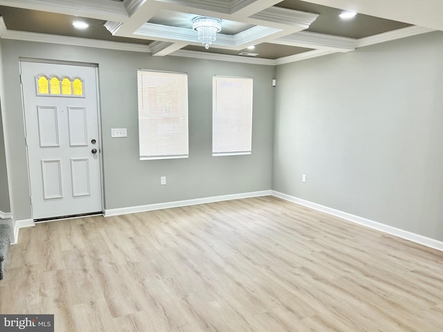 entryway featuring coffered ceiling, crown molding, beam ceiling, light hardwood / wood-style flooring, and an inviting chandelier