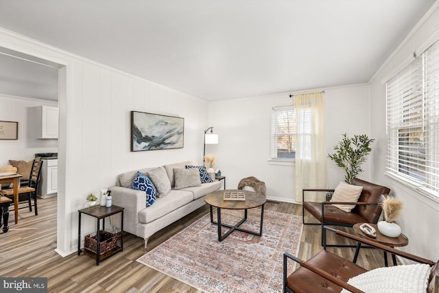 living room with crown molding and light hardwood / wood-style floors