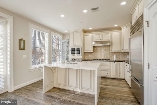 kitchen with tasteful backsplash, stainless steel appliances, a kitchen island with sink, sink, and light hardwood / wood-style floors