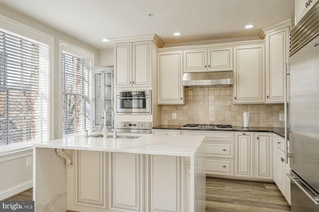 kitchen with a center island with sink, plenty of natural light, stainless steel appliances, and light hardwood / wood-style flooring