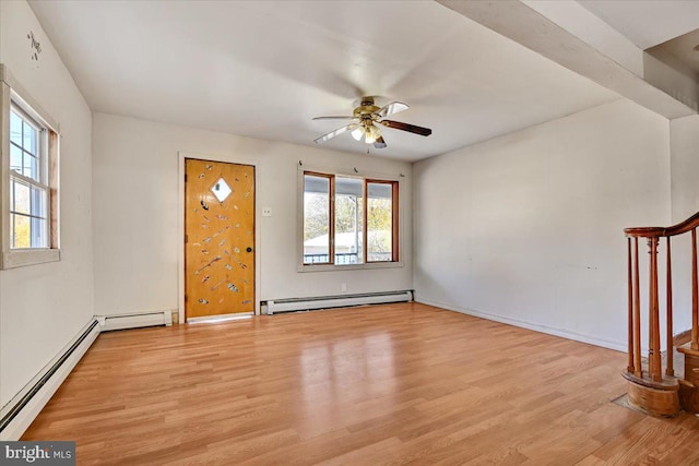 interior space featuring light hardwood / wood-style floors, ceiling fan, and a baseboard radiator