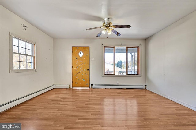 spare room with light hardwood / wood-style floors, a baseboard radiator, and a healthy amount of sunlight