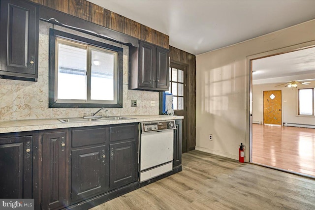 kitchen with light hardwood / wood-style floors, sink, dishwasher, and tasteful backsplash