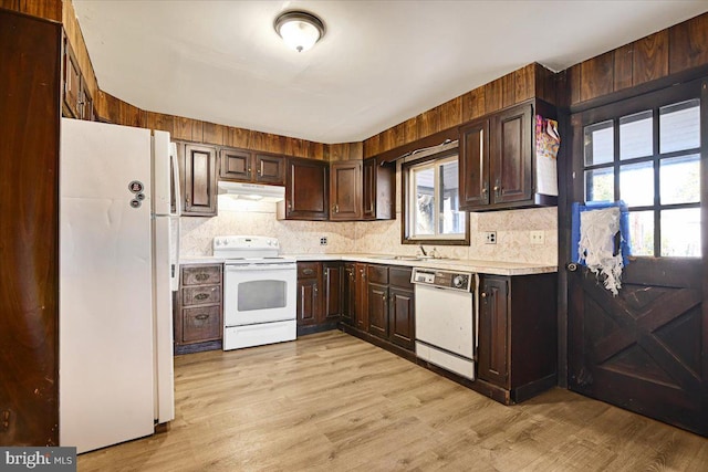 kitchen featuring dark brown cabinetry, light hardwood / wood-style floors, and white appliances